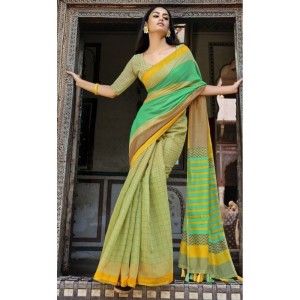 Women's Cotton Checks Printed Saree With Blouse